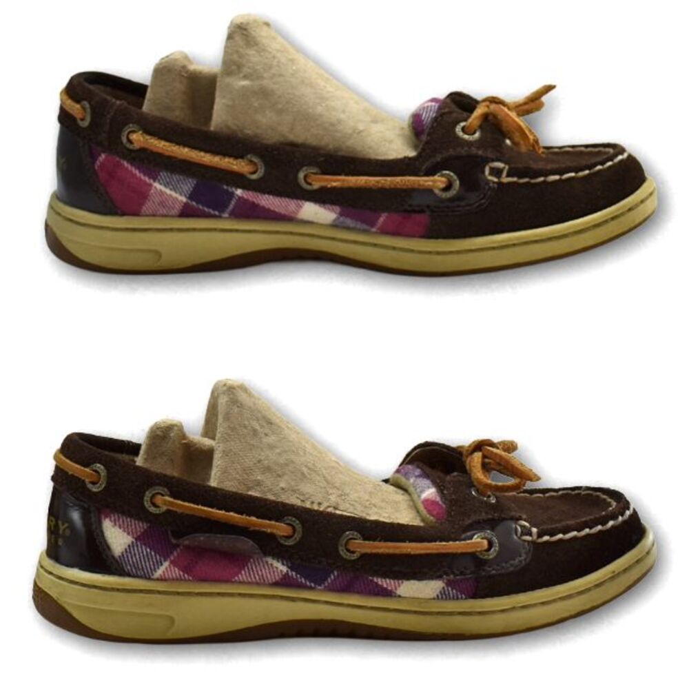 Sperry Top Sider Boat Shoes Women's 5.5 Brown Suede Leather Pink Purple Plaid